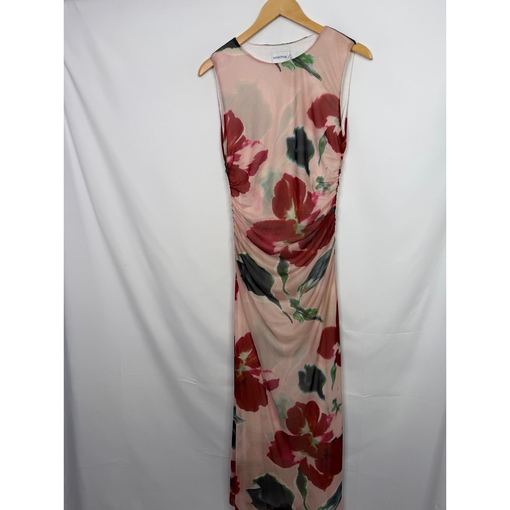 Minkpink Abella Mesh Midi Dress Red Floral Ruched Bodycon Size M NWT - Picture 6 of 8
